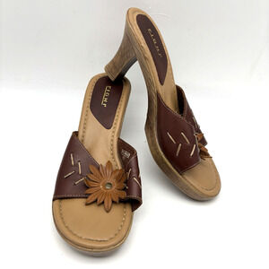 Vintage 90s Fioni 31609 Brown Leather Flower Block Heel Open Toe Sandals 5.5W